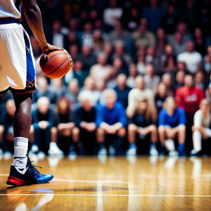 a photo of a basketball player dribbling the ball